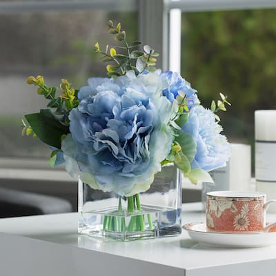 Enova Home Mixed Artificial Peony Flower and Eucalyptus Arrangement in Cube Glass Vase with Faux Water for Home Decór - Blue
