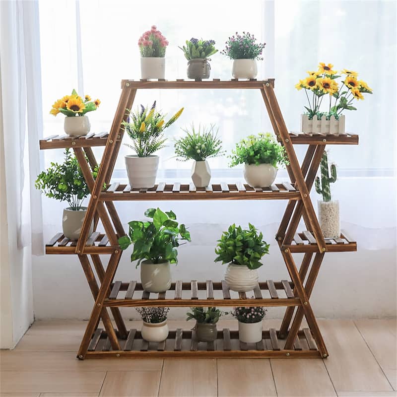 Outdoor Indoor Multi-Tiered Metal Wooden Plant Stand,Planter Flower Pot Garden Shelf Shelving,Dark Brown