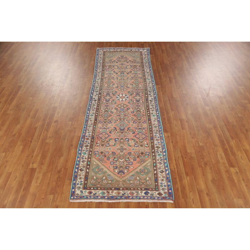 Hand Knotted Oriental 100% Wool Carpet Traditional Geometric Coral Hamedan Runner Rug - 10' 4'' X 3' 3''