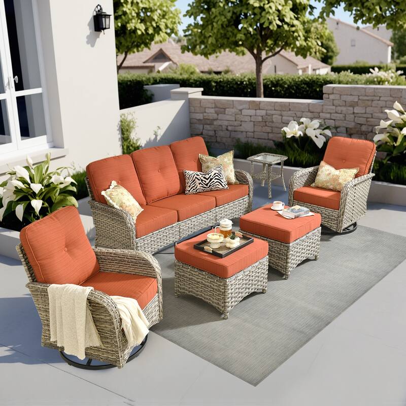 OVIOS 6-piece Patio Wicker Conversation Furniture Set - Orange/Red