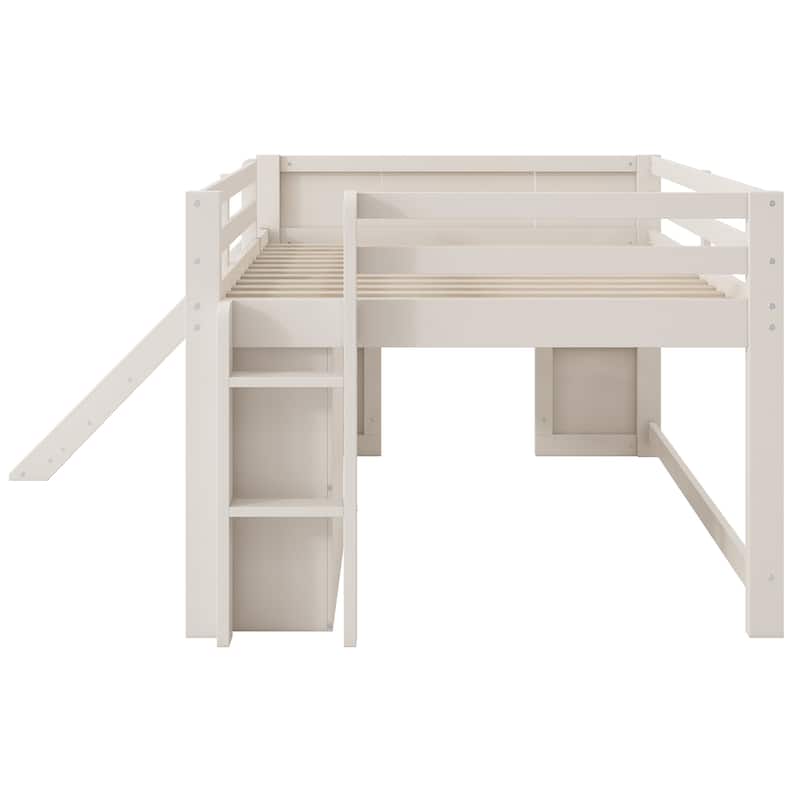 Full Size Low Loft Bed with Slide, 3 Storage Drawers and 2 Doors