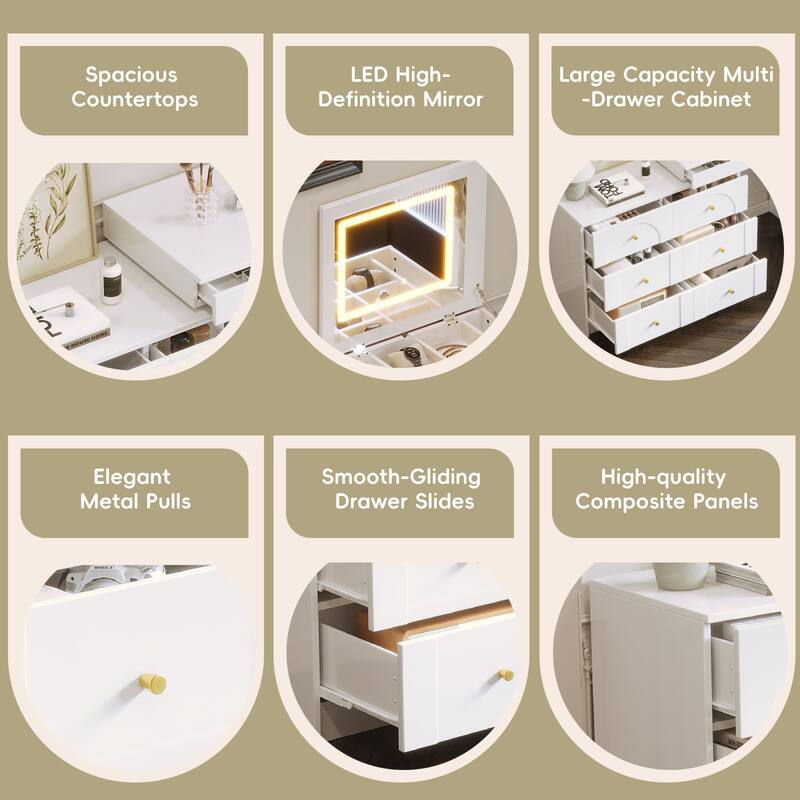 Roomfitters Vanity Desk with Mirror & Lights, Flip-Top Makeup Table with 7 Drawers, 9 Compartments, 3 Shelves, White