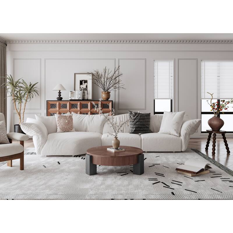 33" Round Coffee Table with Hidden Storage, Parquet Veneer Top Table, 3 Block Legs Sturdy Center Accent Table for Living Room