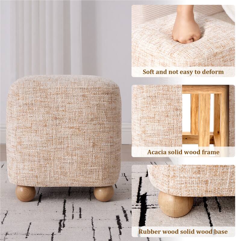 Chenille Upholstered Pouf Ottoman Footstool Acacia Solid Wood Footrest
