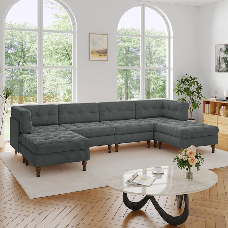 130"W Corduroy Upholstered Modular Sectional Sofa with Storage Ottoman