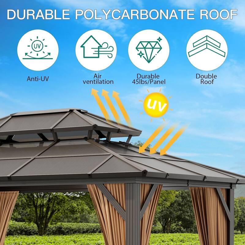 Hardtop Outdoor Double Roof Gazebo, Aluminum Frame Permanent Pavilion with Curtains and Nettin