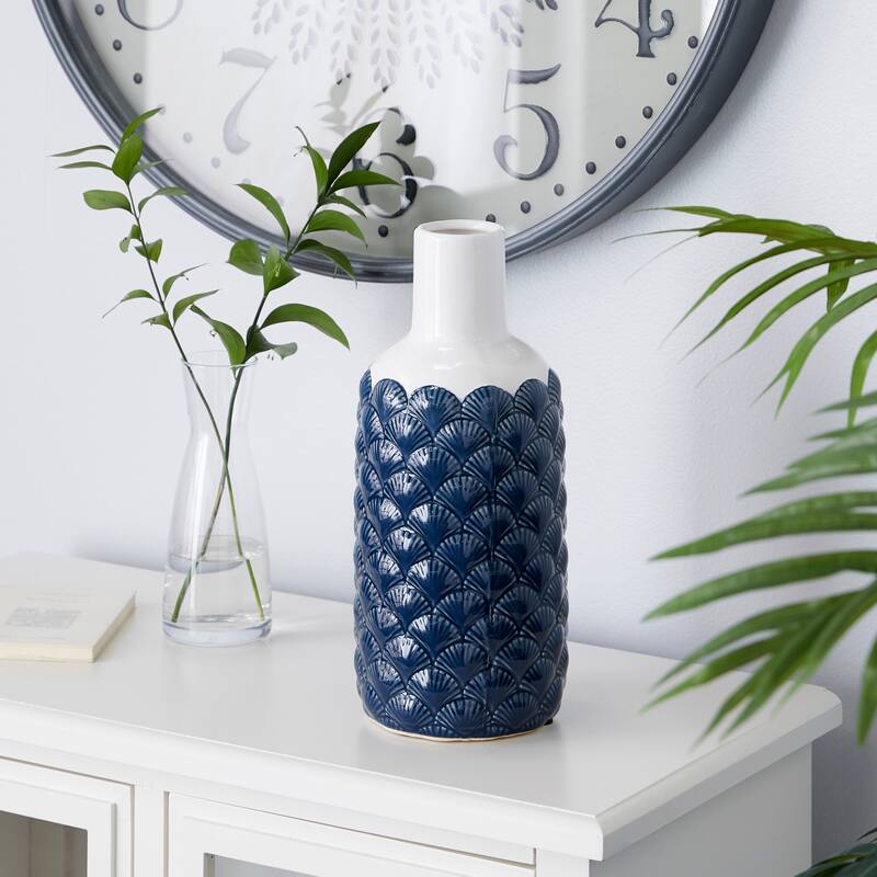 Ceramic Vase with Shell Designs - Blue - Roche River Decor - 6"W x 6"L x 13"H
