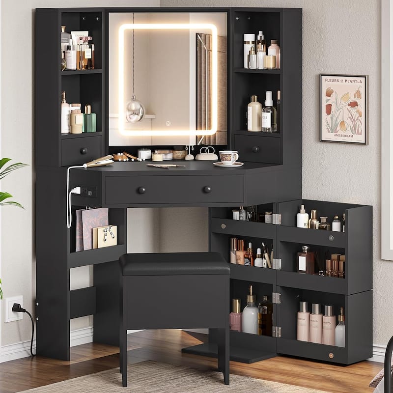 Corner Vanity Desk with Lighted Mirror Drawers Shelves Storage Stool