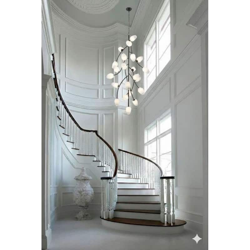 Transitional 22-Light Black Branch Chandelier With White Glass Shades