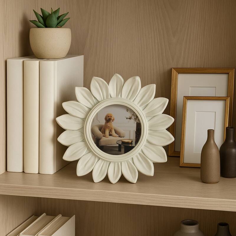 Ivory 4x4 in. Polyresin Novelty Boho Sunflower Photo Frame