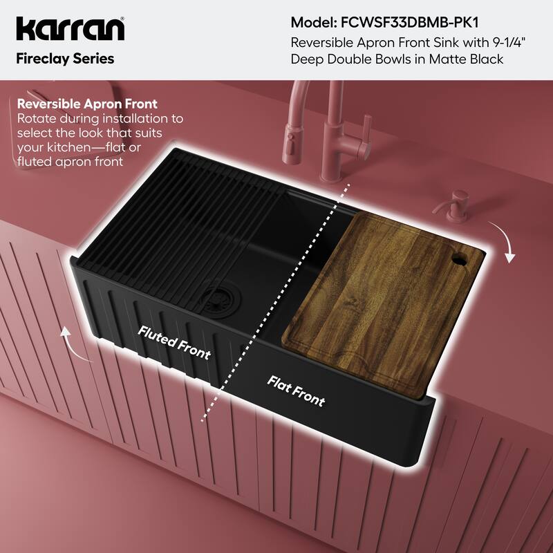 Karran 33" Double Bowl Workstation Fireclay Kitchen Sink with Reversible Fluted Apron Front