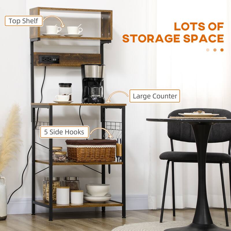 Kitchen Bakers Rack with Power Outlet, USB Charger, Microwave Stand, Coffee Bar with Adjustable Shelves