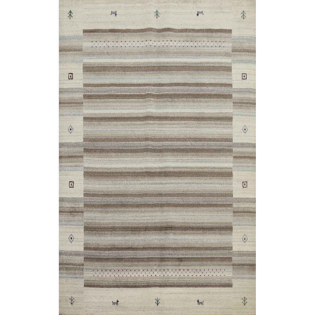 Hand Knotted Oriental 100% Wool Carpet Tribal Animal Pictorial Beige & Ivories Gabbeh Area Rug - 7' 8'' X 5' 4''