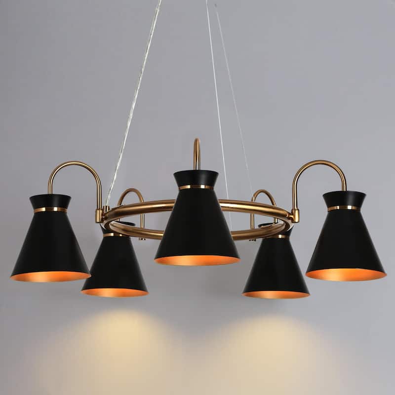Modern 5-Light Black Gold Wagon Wheel Chandelier Metal Pendant Lights for Dining Room - 29''W x 29''D x 6''H