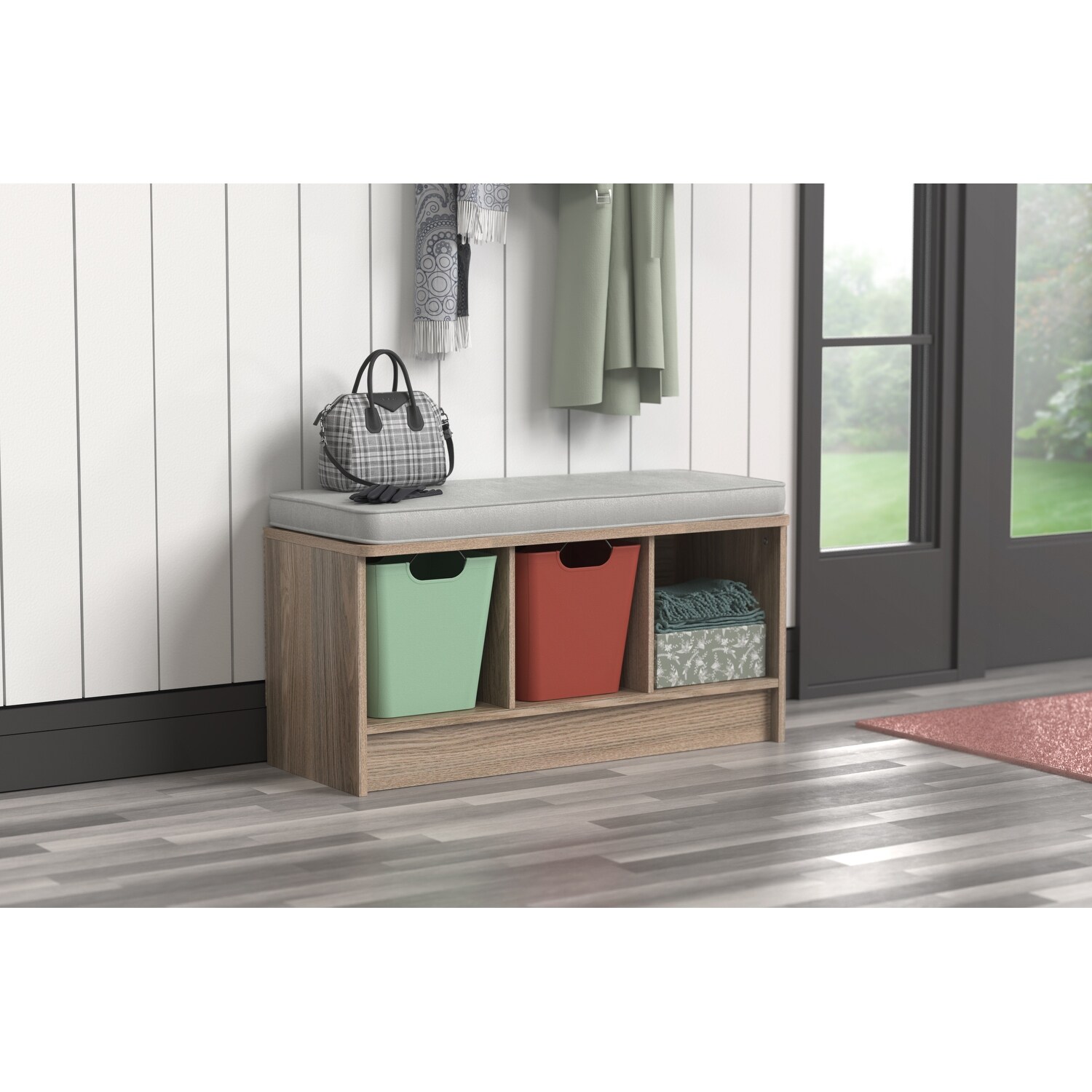 Porch Den Southbrook 3 cube Storage Bench w Grey Cushion On