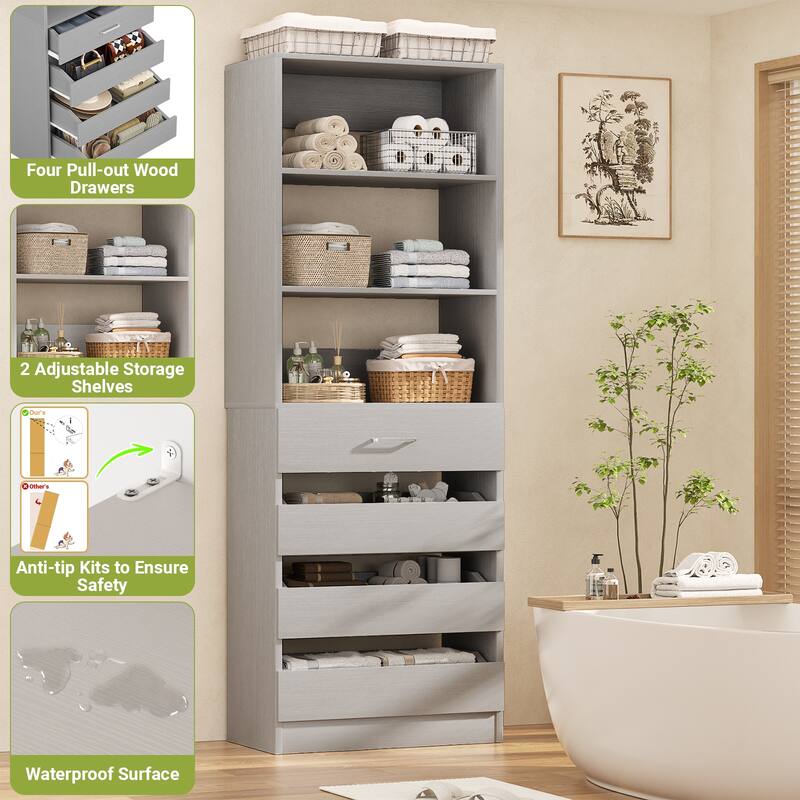 21.3'' W Closet System with 4 Wooden Drawers, 1.78FT Walk-in Closet Organizer Wardrobe with Adjustable Open Shelves