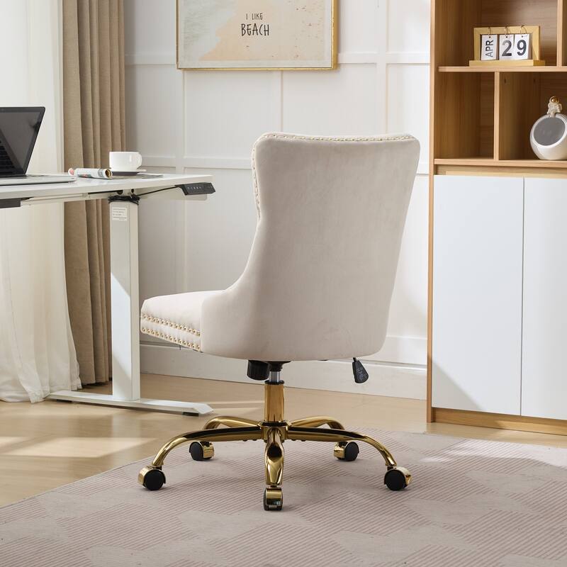 Modern Velvet Swivel Office Chair with Tufted Back/Golden Metal Base