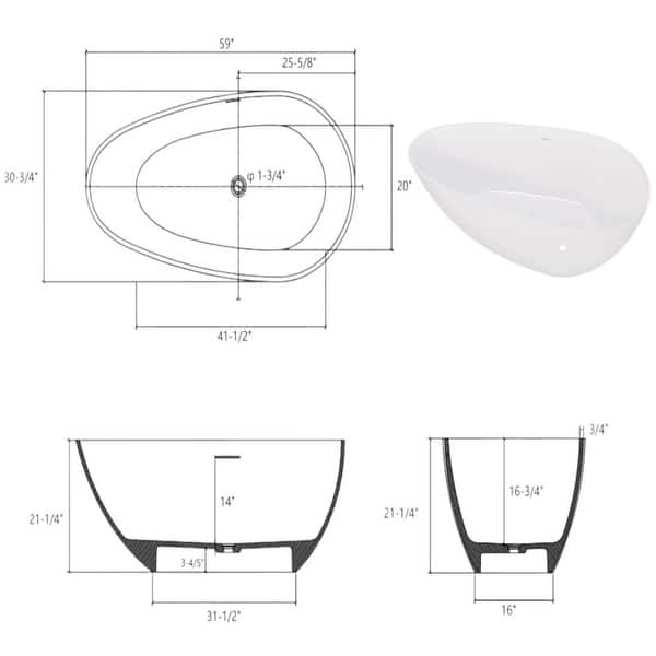 dimension image slide 0 of 3, KISRAIS 59" X 30.75" Solid Surface Artificial Stone Freestanding Soaking Bathtub