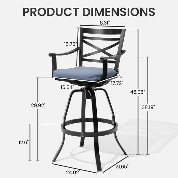 dimension image slide 11 of 15, Outdoor Cast Aluminum Sunbrella Swivel Bar Stools Patio Bar Height Barstools with Back