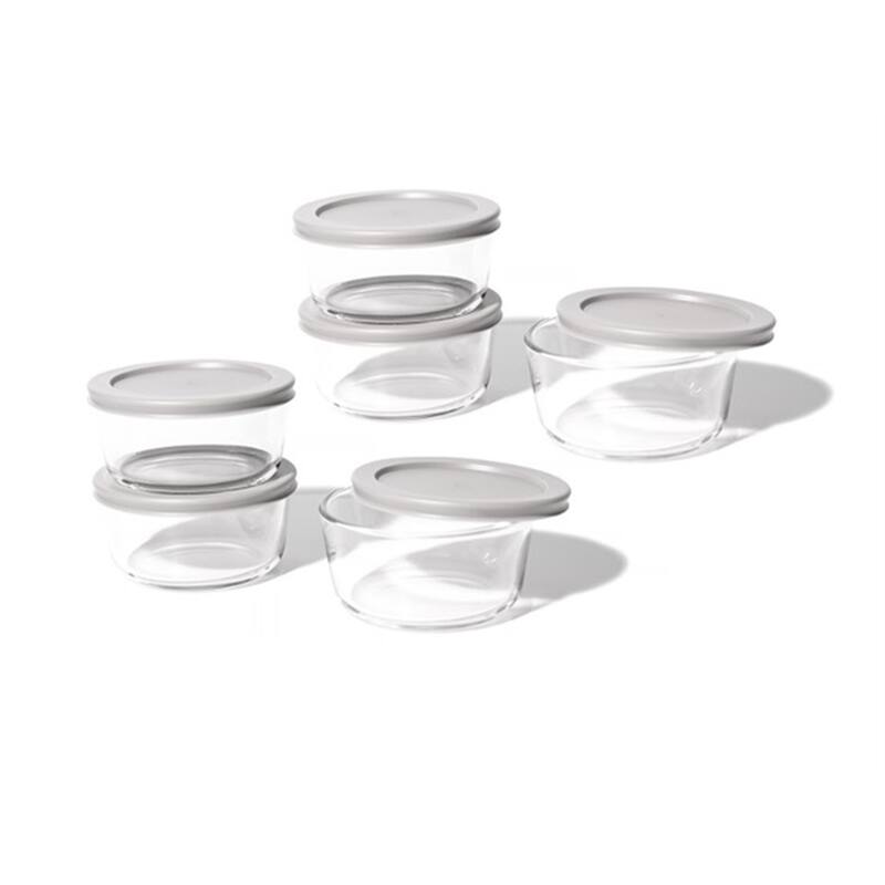 Glass Food Storage Containers Set - Round, 2-Cup (16oz) BPA-Free, Microwave & Oven Safe, Airtight Lids - 12 Piece Set (6 Containers + 6 Lids) - Grey