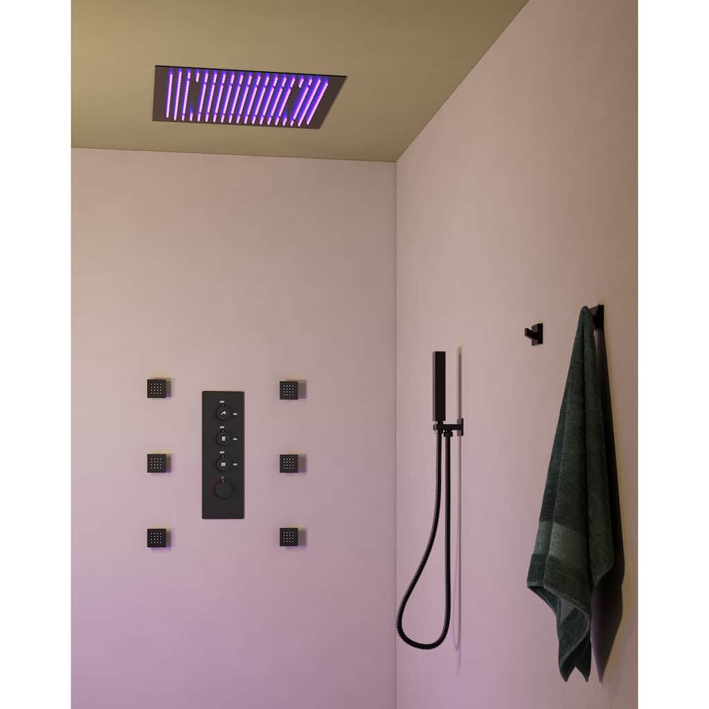 Thermostatic Shower System with 20'' LED Rainfall Head, Body Jets, Handheld Spray and Remote-Control Lighting - 20*20