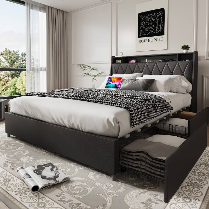 Full Size Bed Frame with Ergonomic Headboard
