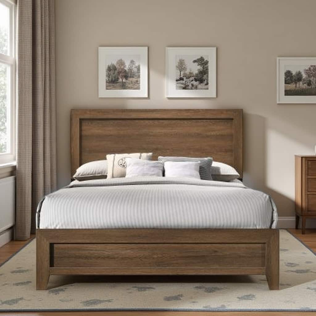 Eastern King Size Platform Bed with Raised Panel Headboard, Slatted Support, and Oak Wood Finish - No Box Spring Needed