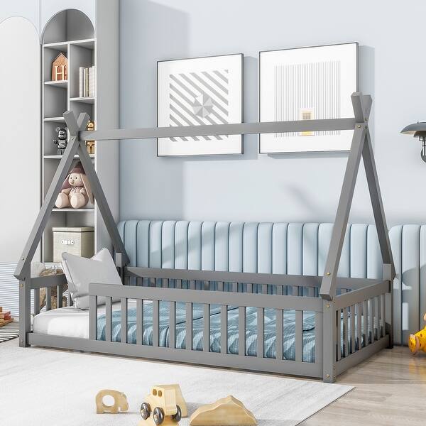 slide 2 of 10, Grey Twin Size Pine Wood Tent-shaped Floor Teepee Bed with Guardrails Grey