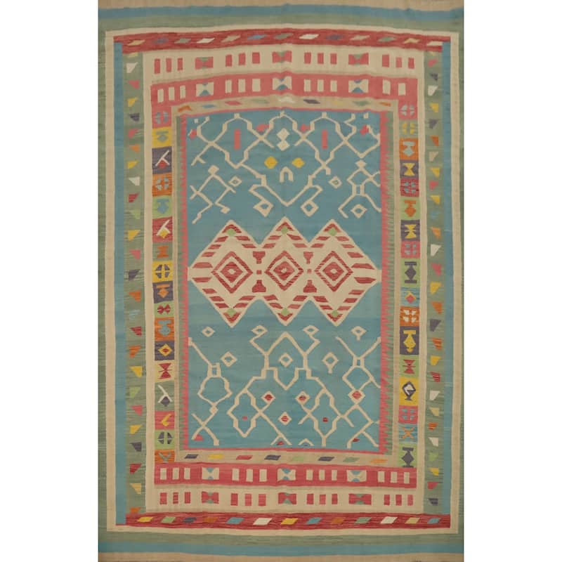 Hand Woven Oriental 100% Wool Carpet Southwestern Tribal Navy Blue & Blues Kilim Area Rug - 12' 11'' X 9' 8''