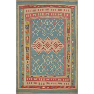 Hand Woven Oriental 100% Wool Carpet Southwestern Tribal Navy Blue & Blues Kilim Area Rug - 12' 11'' X 9' 8''