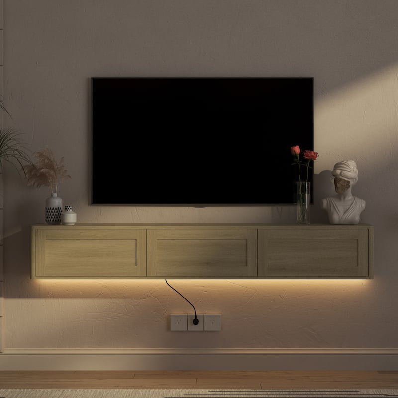 Floating TV Stand, Wall Mounted TV Shelf with Led Lights & Power Outlet,High Gloss TV Cabinet for TV Stands for Living Room