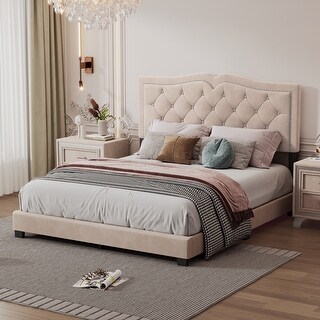 Queen Upholstered Platform Bed Frame with Tufted Headboard and Decorative Rivet Accents Sturdy