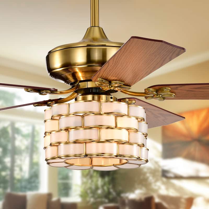 Pagamon Brass 3-Light 5-Blade Wooden Lighted Ceilng Fan with Opaque Glass Weave Shade