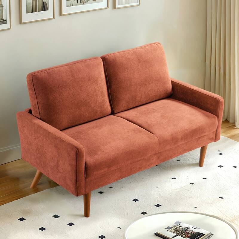 Velvet Upholstered Loveseat Sofa, Small Loveseat Sofa Couch with Rubber Wood Legs, 2 Seater Couch with Throw Pillow