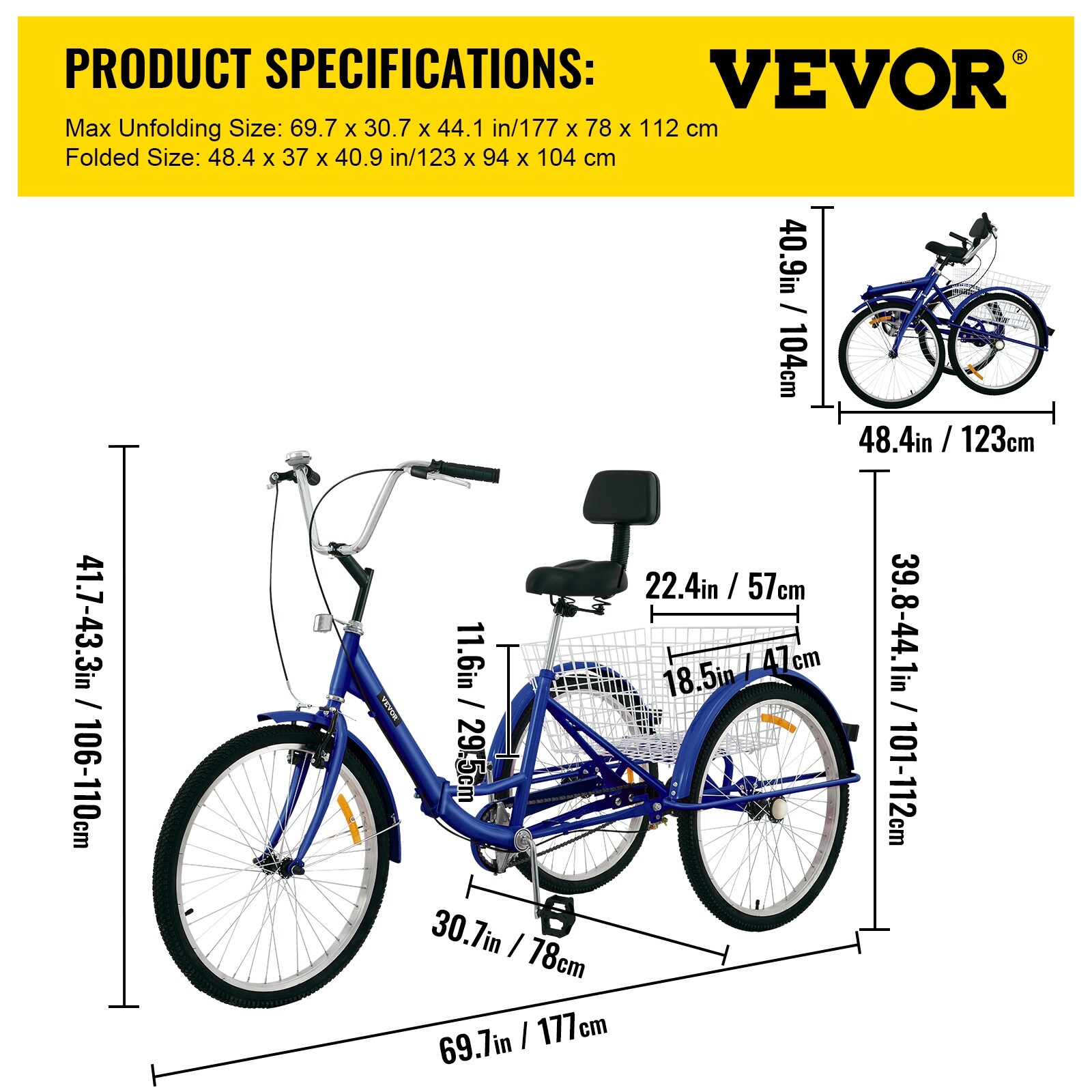 VEVOR Foldable Tricycle Adult 24 Wheels Adult Tricycle 1 Speed 3