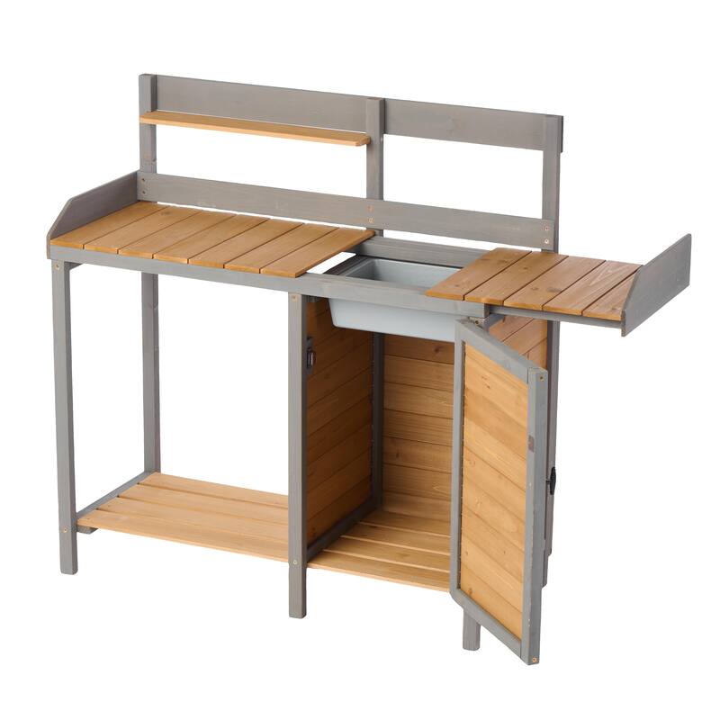 GDF Studio - Outdoor Solid Wood Potting Bench with Sink and Storage Garden Workstation