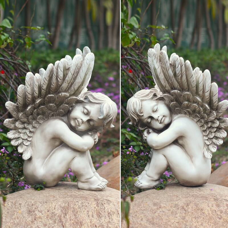 20" Tall Set of 2 Sitting Polyresin Cherub Statues - 14.5" L x 11" x 19.8" H - 14.5" L x 11" x 19.8" H - Antique Grey