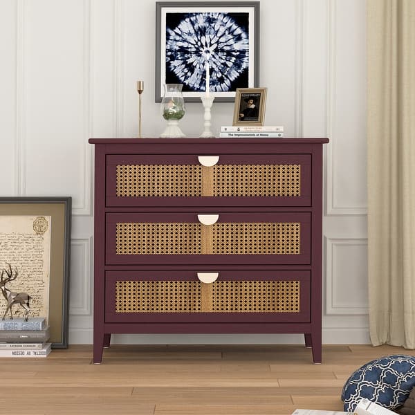 slide 2 of 15, Natural rattan Storage Cabinet Wooden Chest with 3 Drawer Red