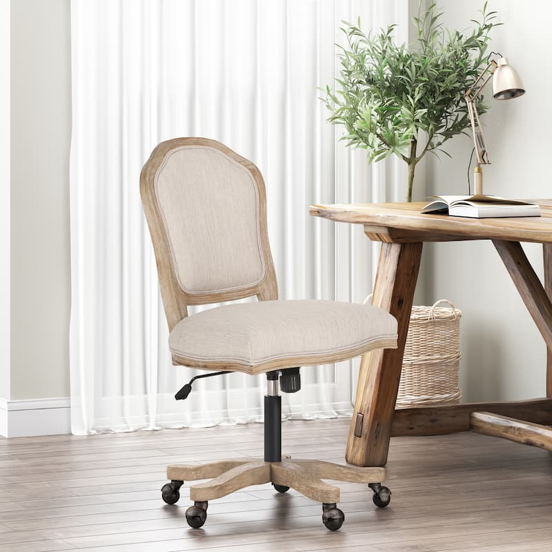 Roomfitters Upholstered Swivel Office Desk Chair with Adjustable Height and Wood Frame, Beige+Natural