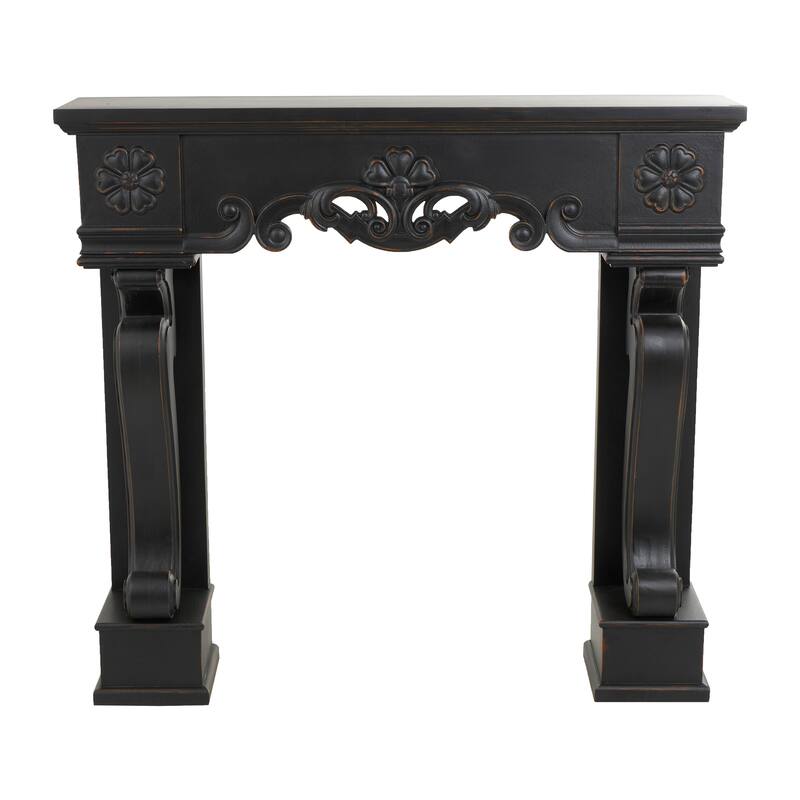 Black Wood Freestanding Scroll Decorative Fireplace Mantle with Floral Accents