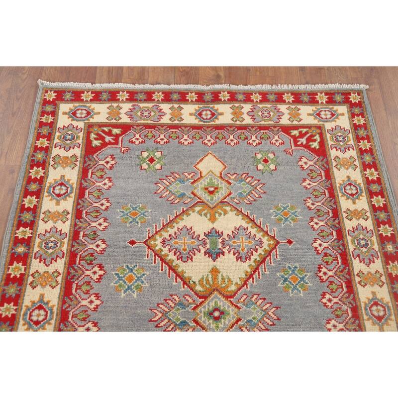 Gray Geometric Kazak Oriental Accent Rug Hand-Knotted Wool Carpet - 3'5" x 4'10"
