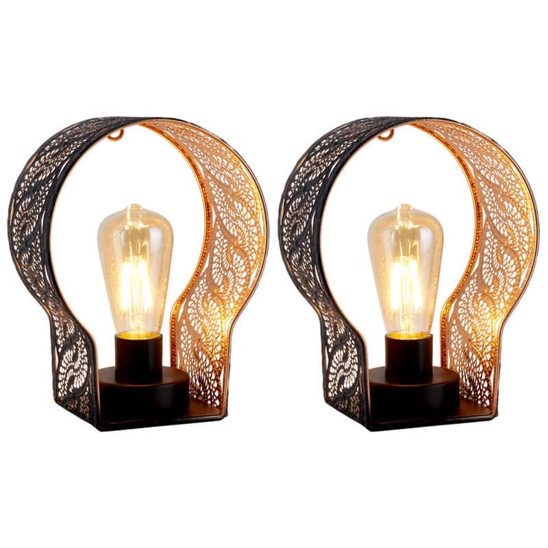 HomeRoots 7" Black Battery Operated Round Bedside Lamp With Pierced Shade - 3.50 in. x 7.00 in. x 5.50 in.