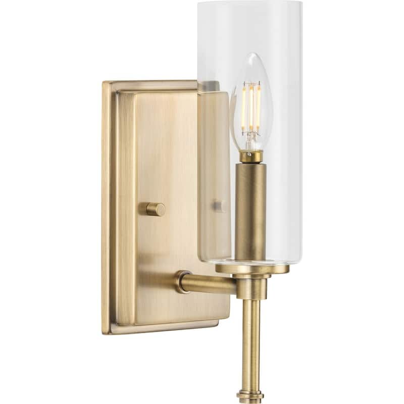 Elara Collection One-Light Vintage Brass Clear Glass Bath Vanity Light - 4.75 in x 5 in x 11.5 in