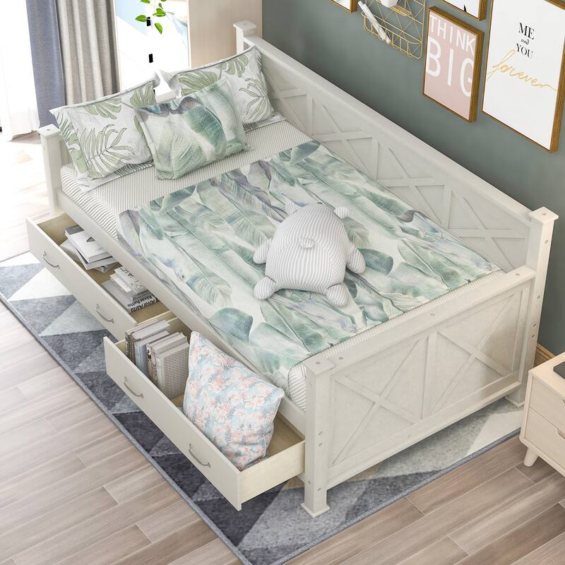 Twin Size Daybed with X-shaped Pattern & 2 Storage Drawers, Cream White