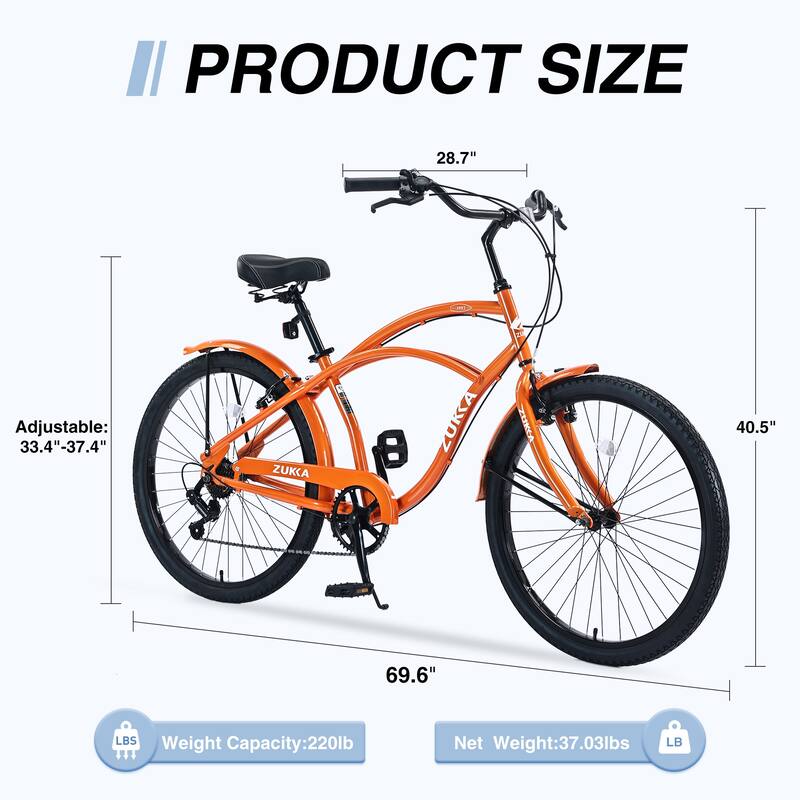 Beach Cruiser Bike, 26 Inch Commuter Bicycle, 7-Speed/Front & Rear Fenders, Comfortable City Bikes, Ergonomic Upright Design