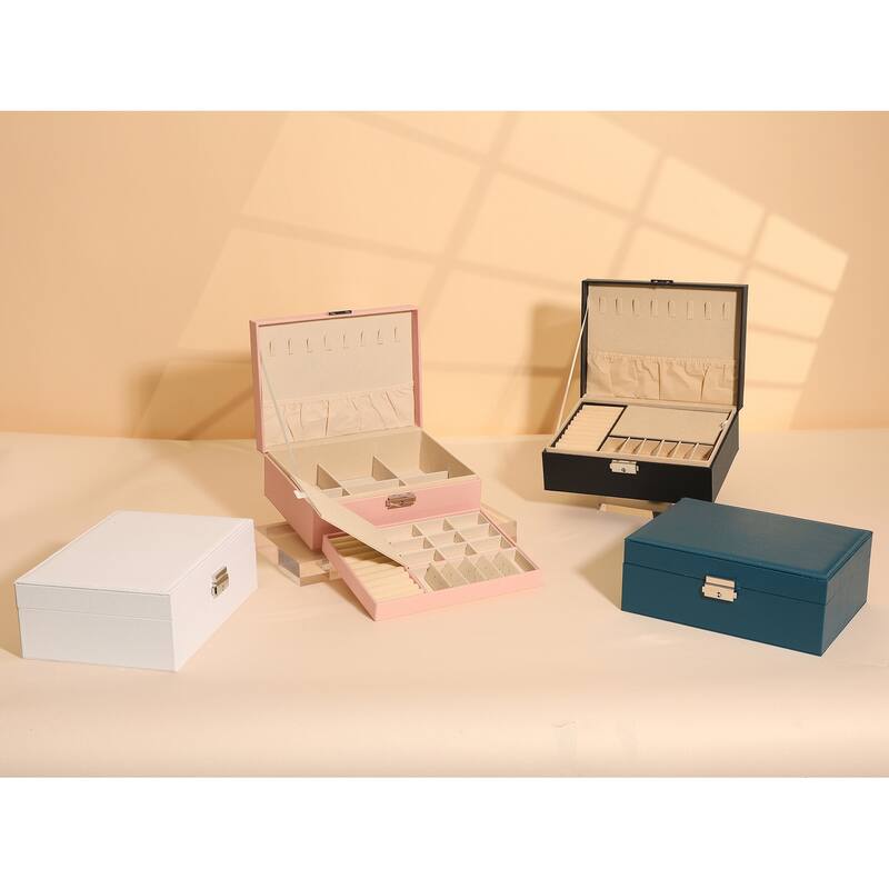2 Layer Jewelry Box with Mirror for Women Girls, PU Leather Jewelry Organizer Case Storage Display Holder - 23x17x8.8cm
