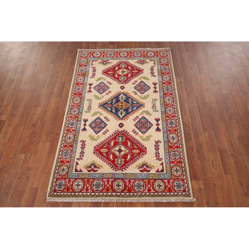 Geometric Kazak Accent Rug Hand-Knotted Beige Wool Carpet - 3'3" x 5'1"