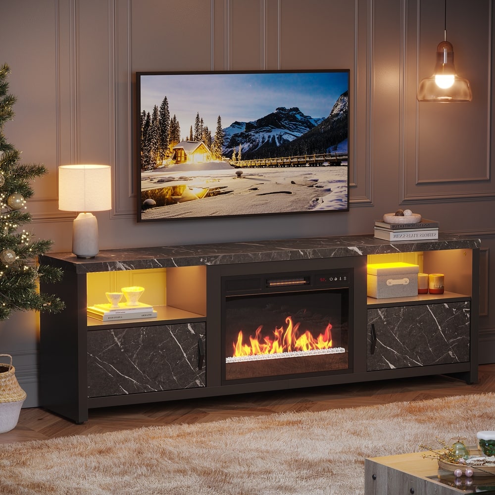 70 in. Pinewood LED TV Stand Fits TV's Up to 75 in. Entertainment Center with Fireplace and Cabinets - 71 inches