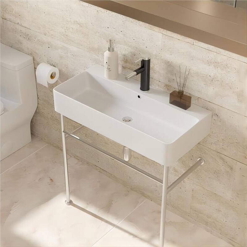 Dornberg 32" Bathroom Ceramic Console Sink White Basin and Legs with Overflow - White Basin Polished Nicke Legs