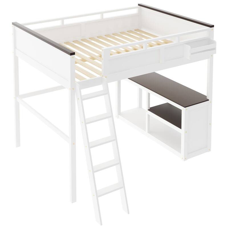 Queen Loft Bed with Desk, Storage Box, USB Charging and Shelves